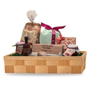 Cesto natalizio con cioccolato: tavolette e crema di liquore Cioccolato Militare, panettone Bertolini & Figli, scatola Venchi, sfogliatine e confetture Corte Lonardi