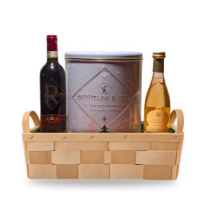 Cesto natalizio in legno con Recioto della Valpolicella Classico, panettone in latta Bertolini & Figli e Tre Filer di Ca' dei Frati