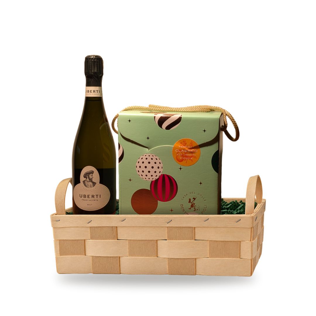 Cesto natalizio Dono del Gusto con Franciacorta Brut Uberti e panettone classico Bertolini & Figli in cassetta di legno