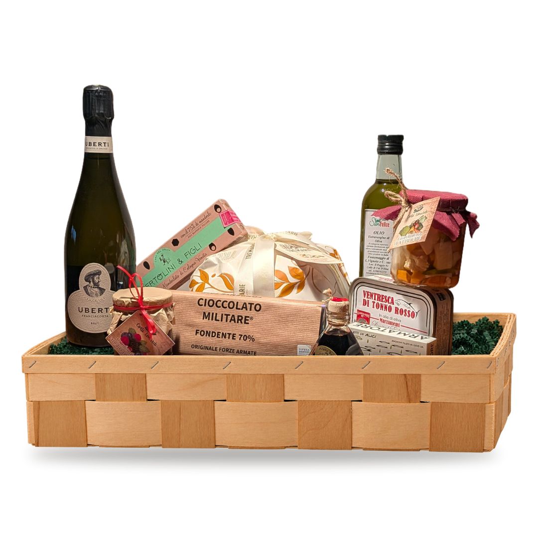 Cesto natalizio Armonie di Sapori in cassetta di legno con Franciacorta, panettone Tre Marie, olio extravergine e conserve